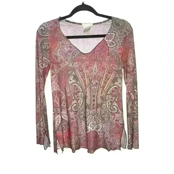 tyoga Tops - Y2K Paisley Top Bell Sleeves Side Slit Size Small V-Neck